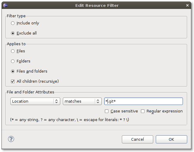 Edit Resource Filter for .svn or .git exclude